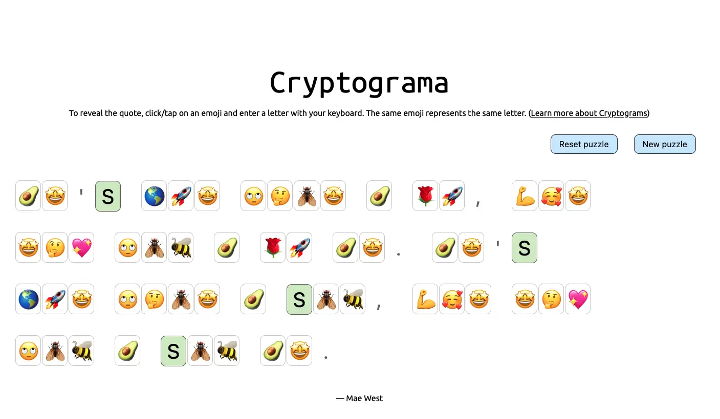 Cryptograma screenshot showing a puzzle with a letter already substituted.